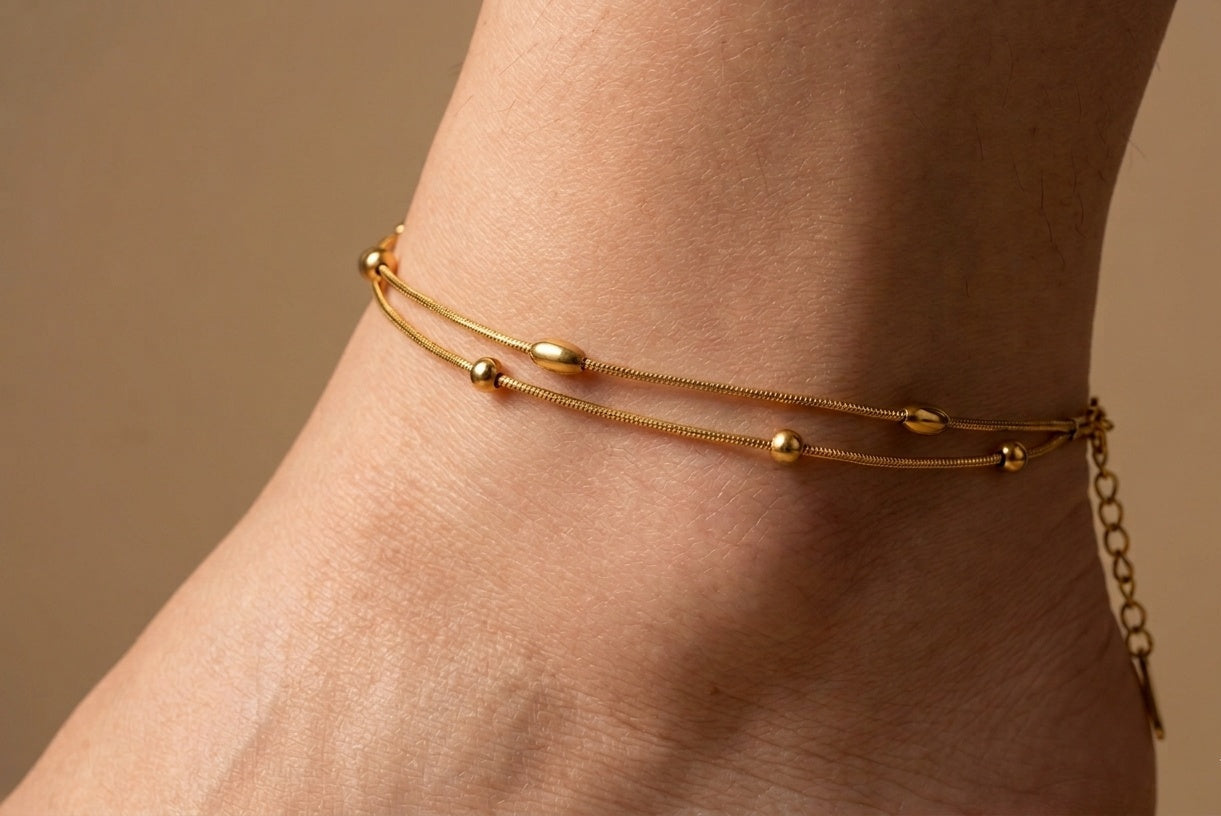 Anti Tarnish Golden Oval Beads Chain Anklet 18K Gold Plated