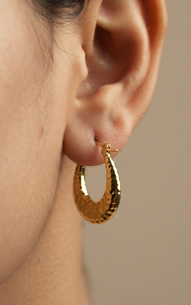 Anti Tarnish Hammered Hoop Earrings 18K Gold Plated