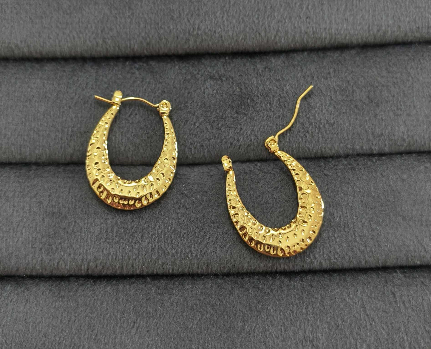 Anti Tarnish Hammered Hoop Earrings 18K Gold Plated