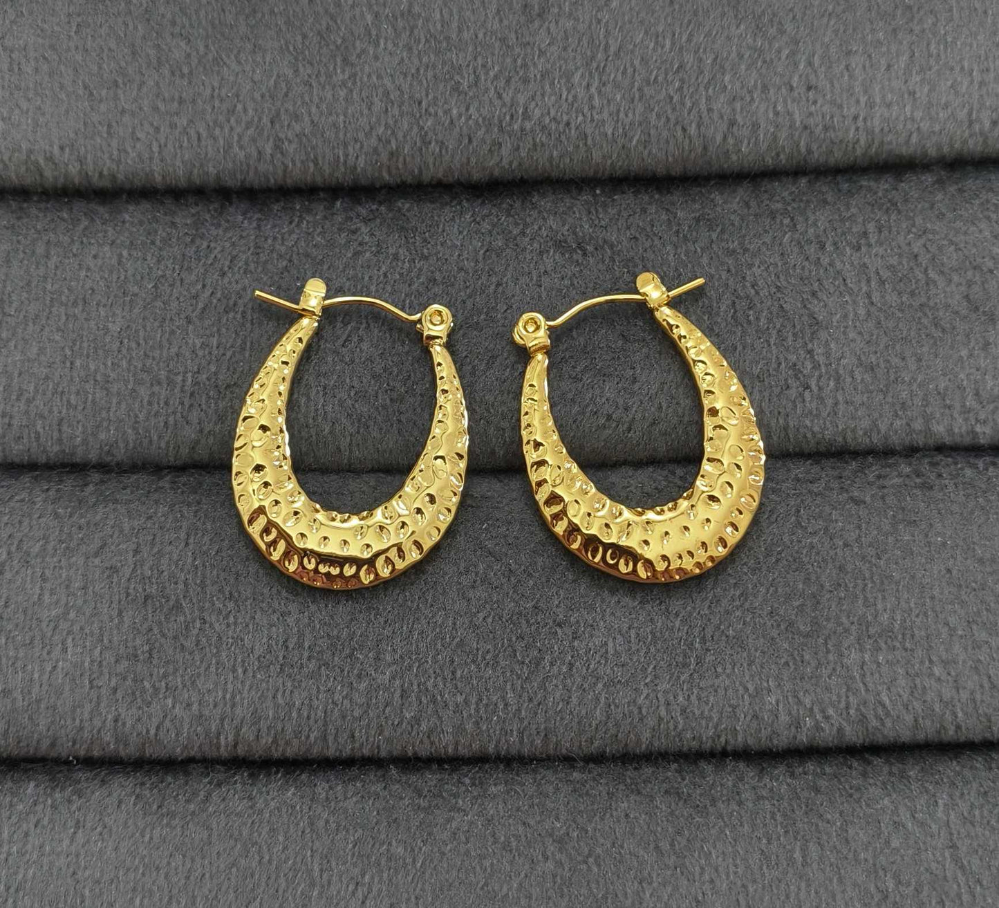 Anti Tarnish Hammered Hoop Earrings 18K Gold Plated