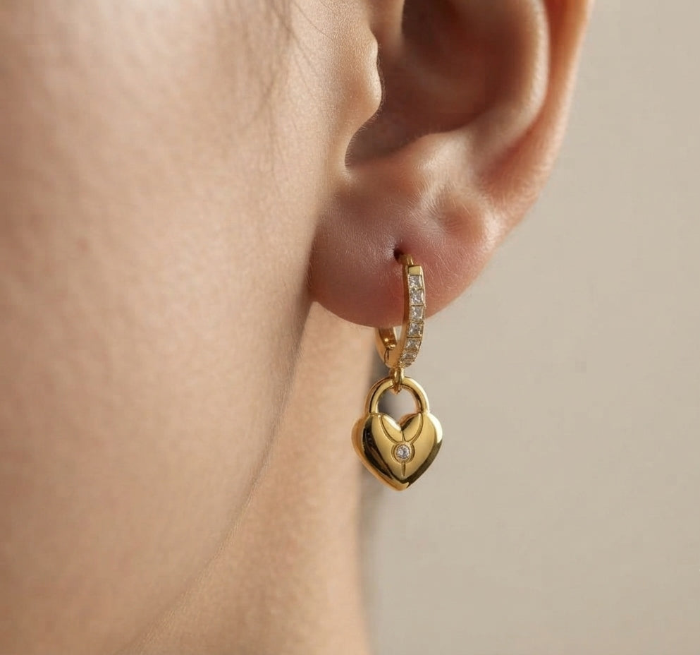 Anti Tarnish Heart Lock Dangler Earrings 18K Gold Plated