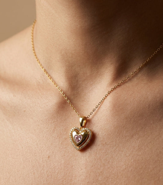 Anti Tarnish Heart Pendant Necklace 18K Gold Plated