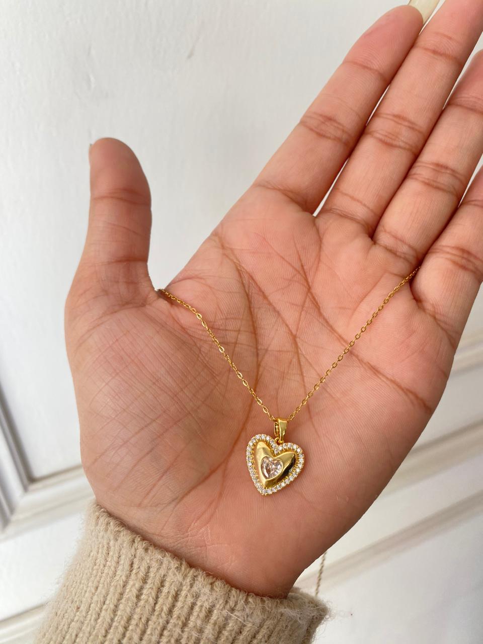 Anti Tarnish Heart Pendant Necklace 18K Gold Plated