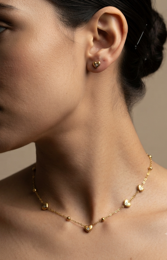 Anti Tarnish Hearts with Diamonds Necklace 18K Gold Plated
