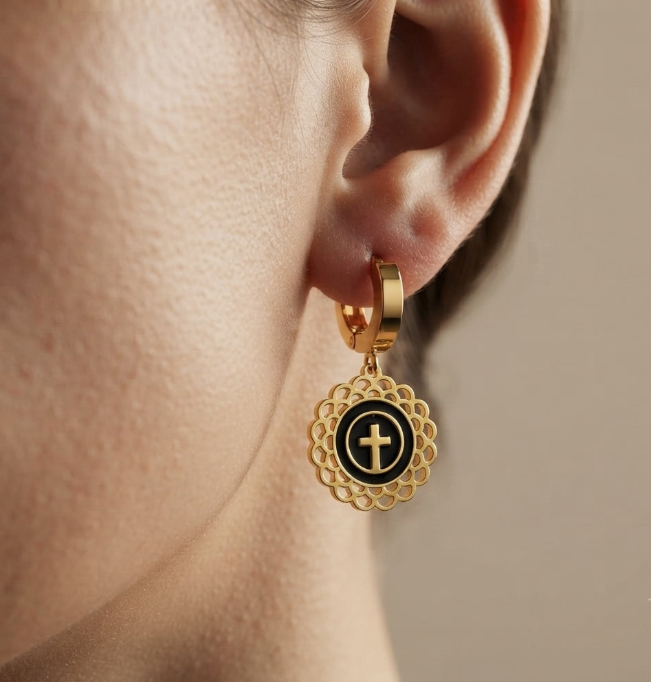 Anti Tarnish Lace Cross Design Dangle Earrings 18K Gold Plated