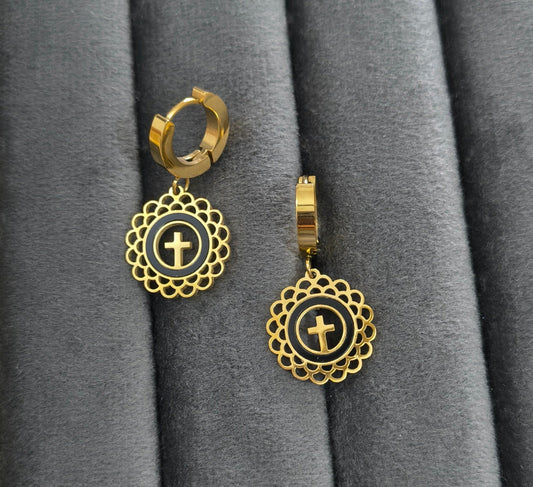 Anti Tarnish Lace Cross Design Dangle Earrings 18K Gold Plated
