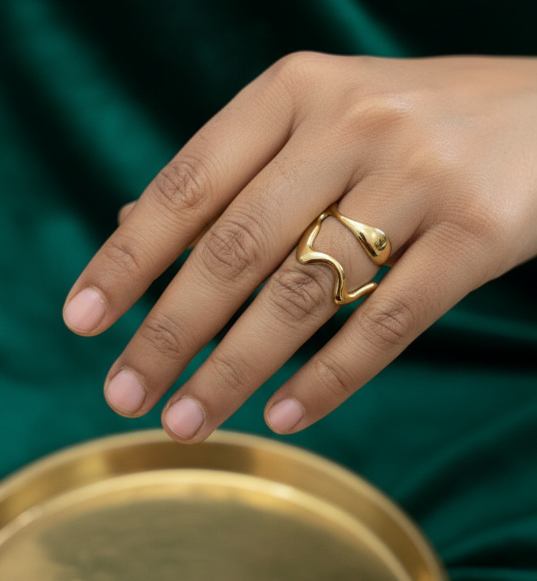 Anti Tarnish  Lava Waves Ring Adjustable 18K Gold Plated