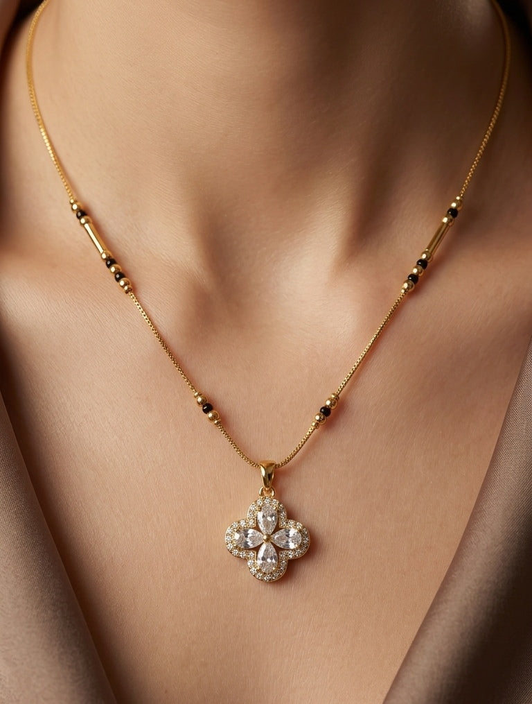 Anti Tarnish Mangalsutra AD Clover Pendant 18K Gold Plated