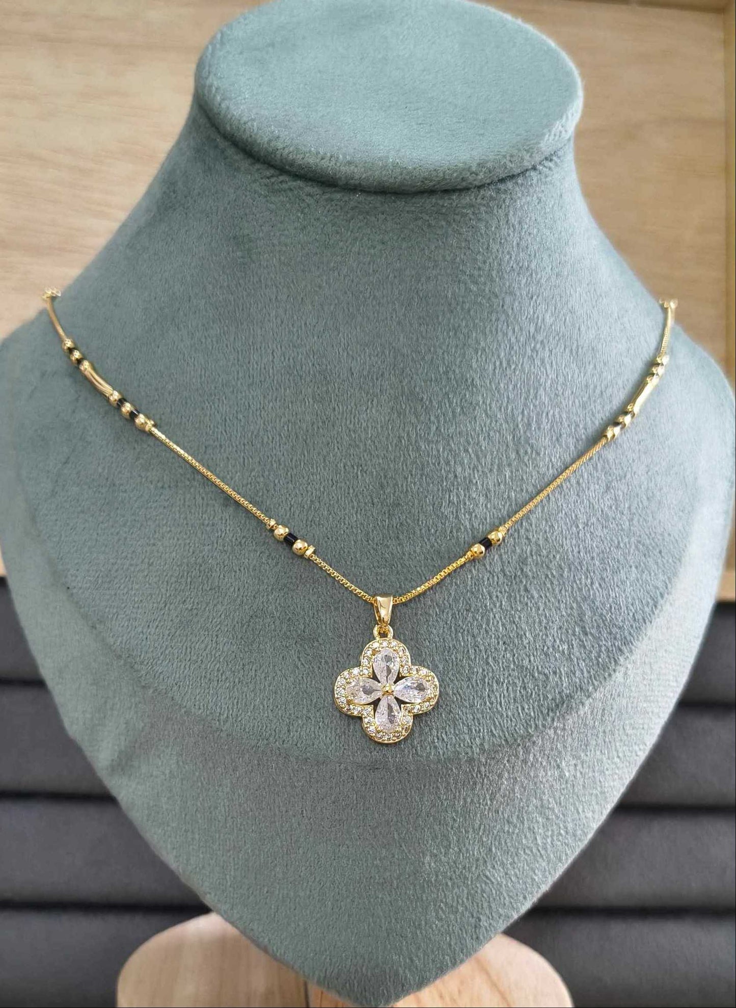 Anti Tarnish Mangalsutra AD Clover Pendant 18K Gold Plated