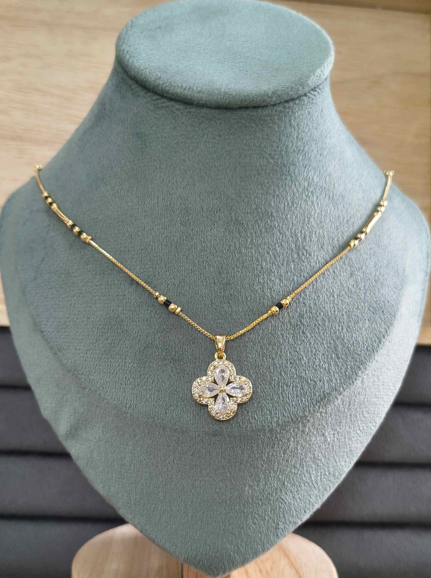 Anti Tarnish Mangalsutra AD Clover Pendant 18K Gold Plated