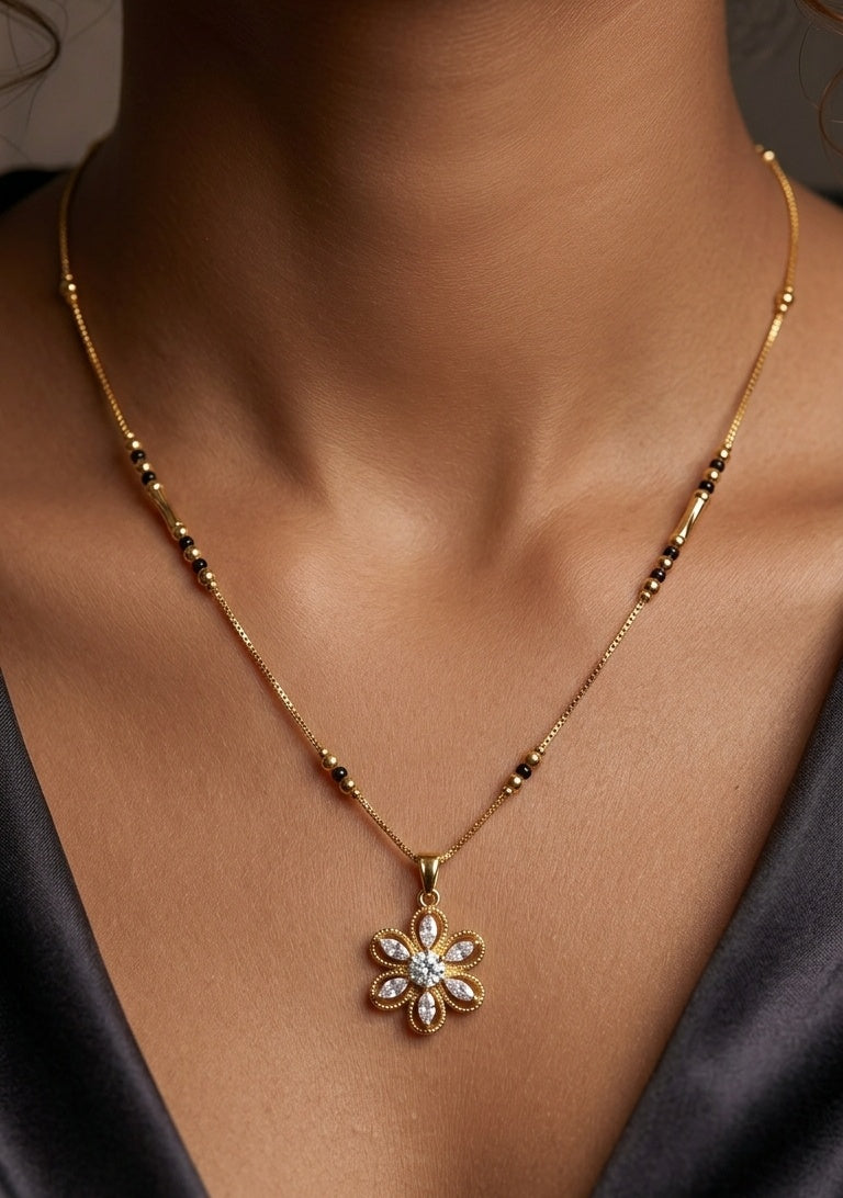 Anti Tarnish Mangalsutra AD Flower Pendant 18K Gold Plated