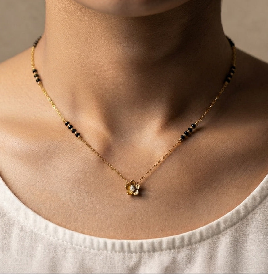 Anti Tarnish Mangalsutra Black Beads Floral Necklace 18K Gold Plated