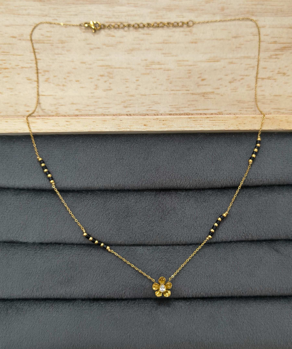 Anti Tarnish Mangalsutra Black Beads Floral Necklace 18K Gold Plated