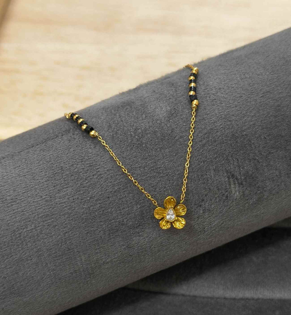 Anti Tarnish Mangalsutra Black Beads Floral Necklace 18K Gold Plated