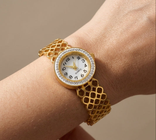 Anti Tarnish Mesh Design Bracelet Wrist Watch 18K Gold Plated