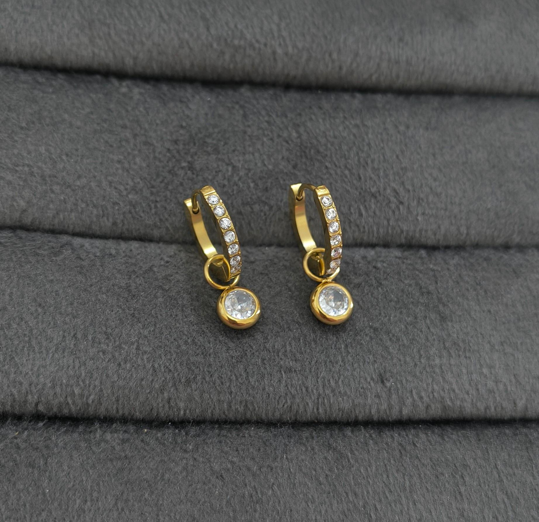 Anti Tarnish Mini Diamond Drop Earrings 18K Gold Plated