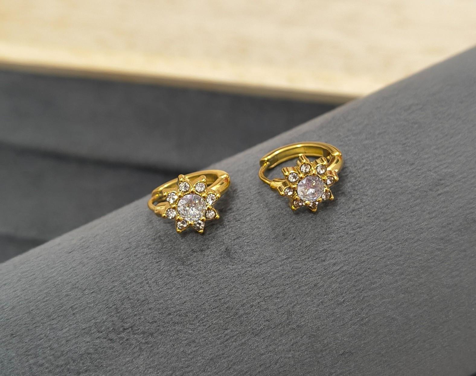Anti Tarnish Mini Floral Diamond Hoop 18K Gold Plated