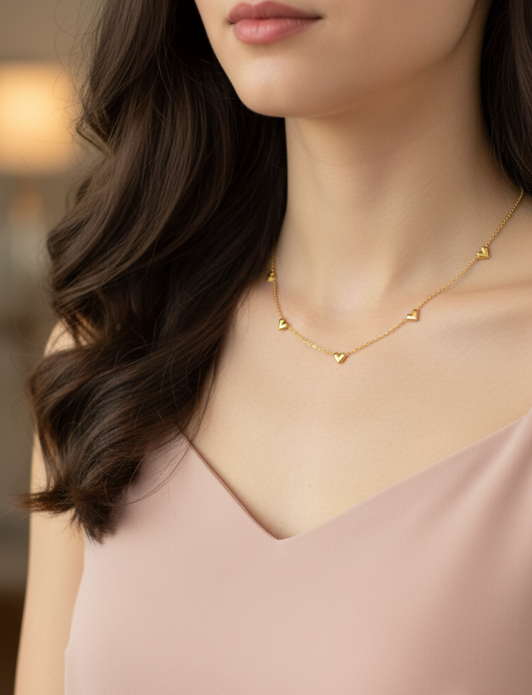 Anti Tarnish Minimal Hearts Chain Necklace 18K Gold Plated