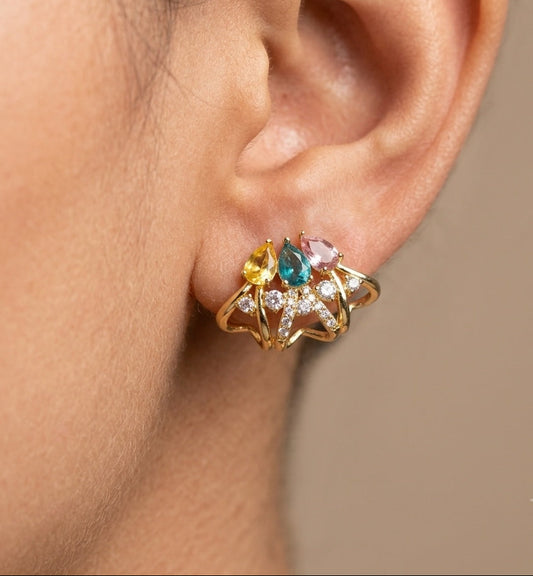 Anti Tarnish Multicolor Crown Stud Earrings 18K Gold Plated