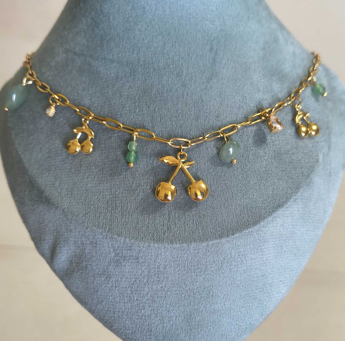 Anti Tarnish Necklace Cherry Charms 18K Gold Plated