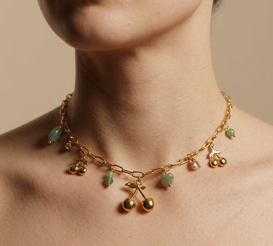 Anti Tarnish Necklace Cherry Charms 18K Gold Plated