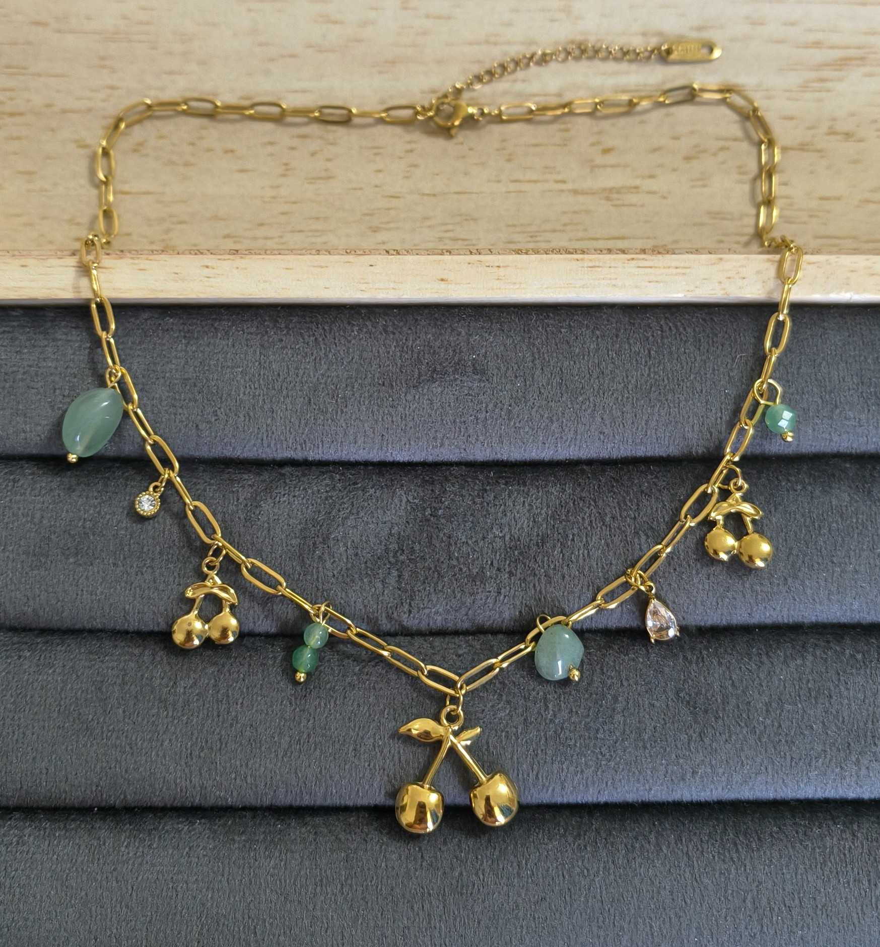 Anti Tarnish Necklace Cherry Charms 18K Gold Plated