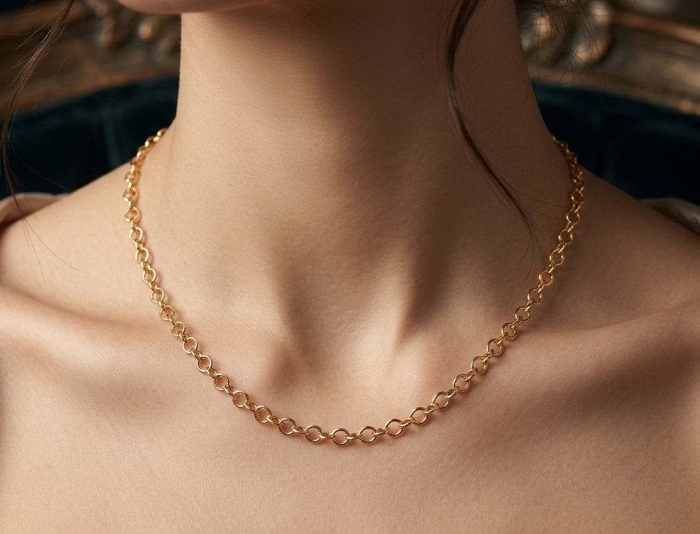 Anti Tarnish Necklace Circle Link Chain 18K Gold Plated