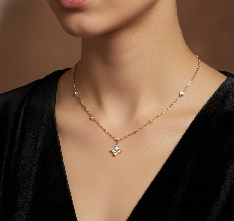 Anti Tarnish Necklace Diamond Floral Chain 18K Gold Plated