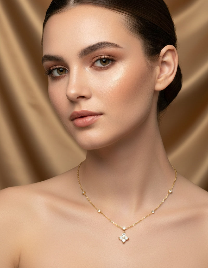 Anti Tarnish Necklace Diamond Floral Chain 18K Gold Plated