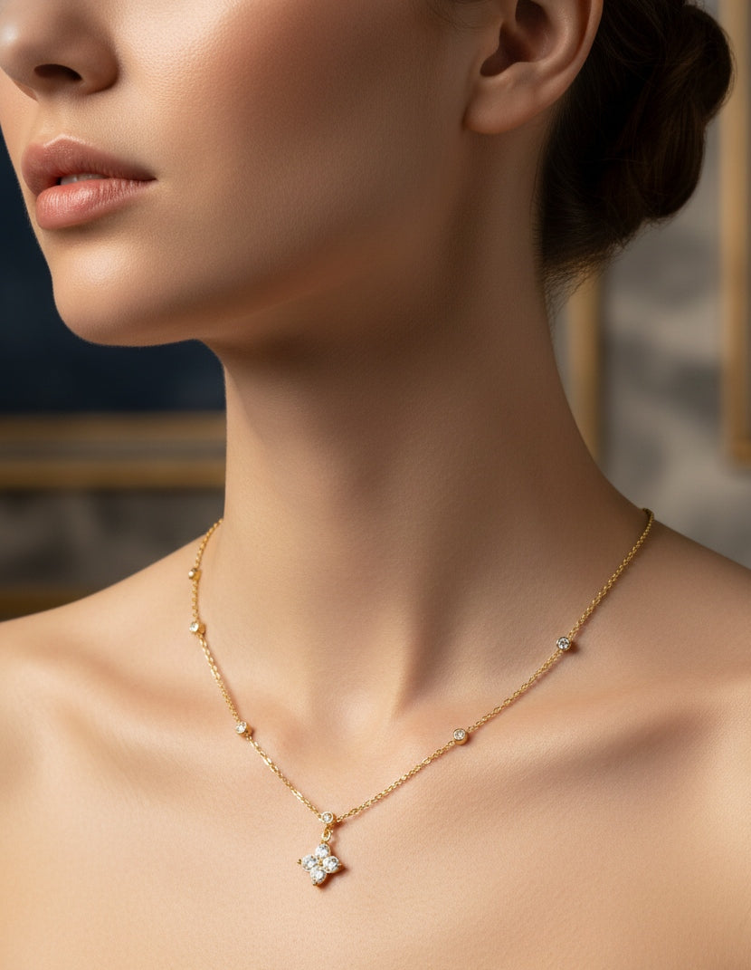 Anti Tarnish Necklace Diamond Floral Chain 18K Gold Plated