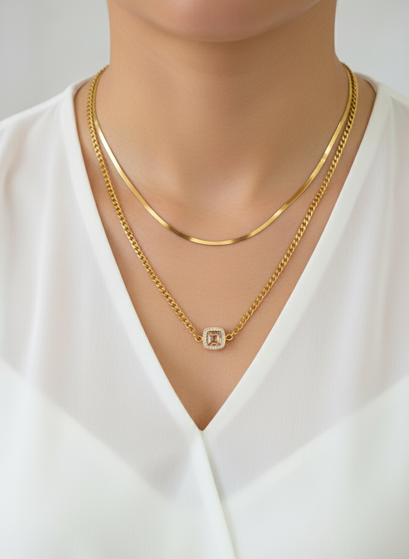 Anti Tarnish Necklace Double Layered Cuban gold Chain & Pendant