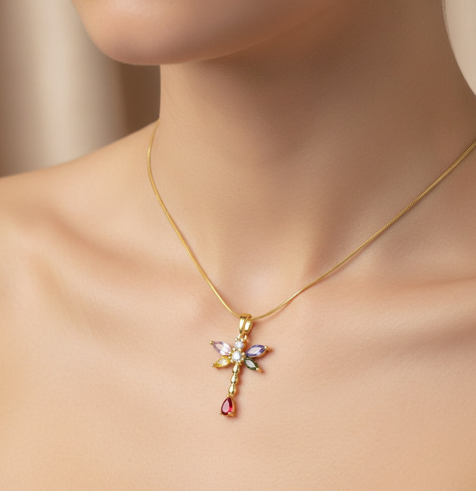 Anti Tarnish Necklace Dragonfly Pendant 18K Gold Plated