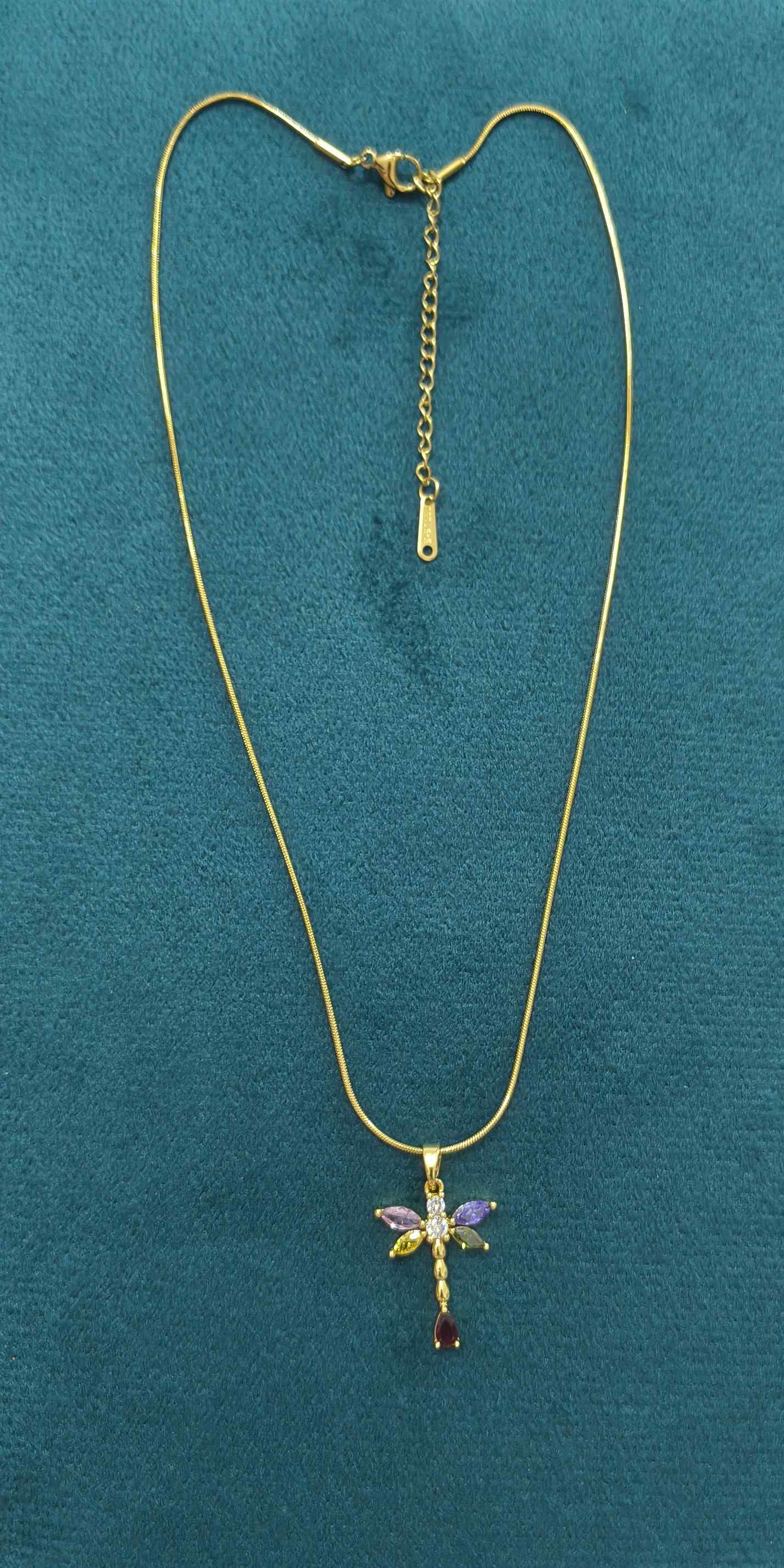 Anti Tarnish Necklace Dragonfly Pendant 18K Gold Plated
