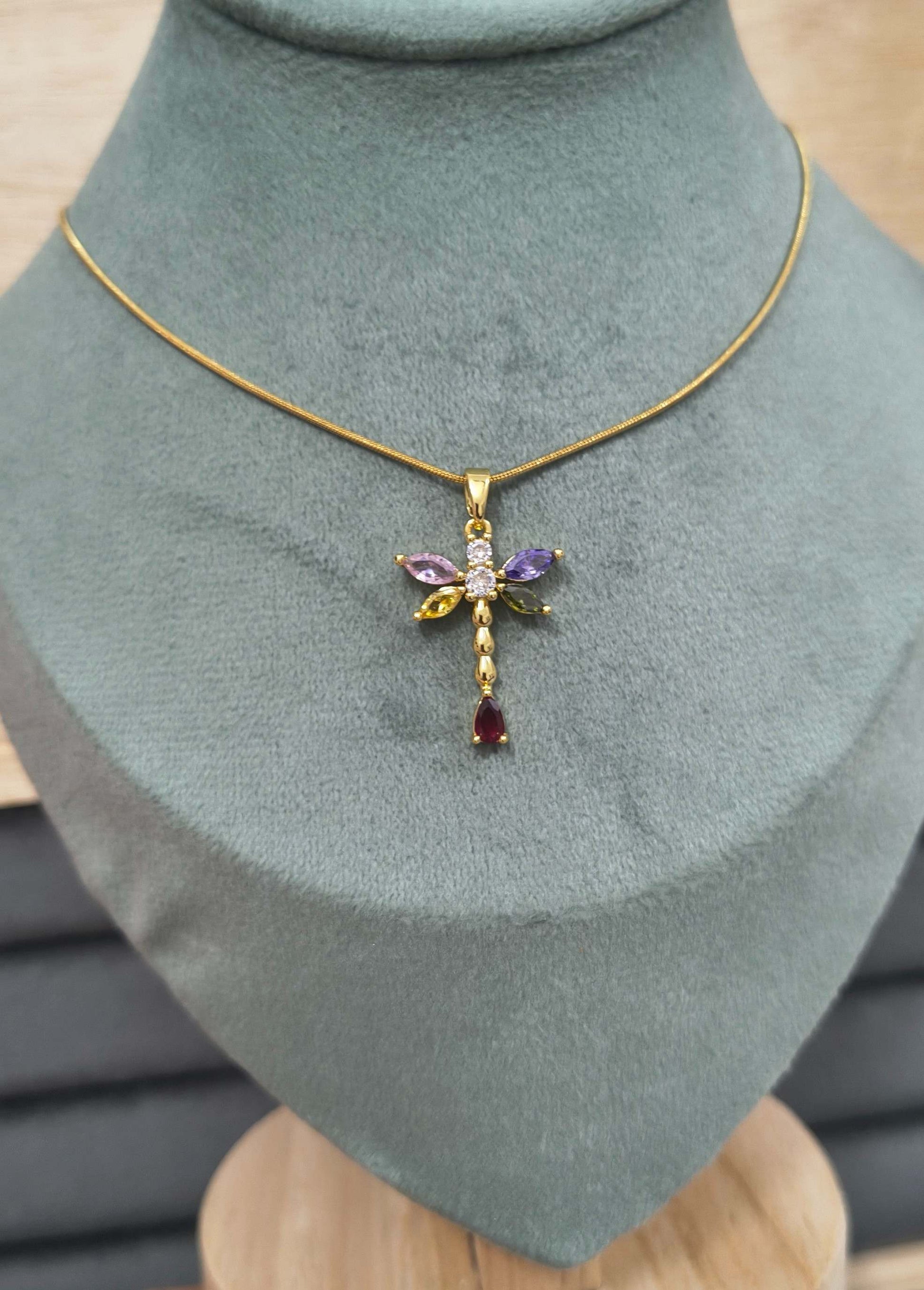 Anti Tarnish Necklace Dragonfly Pendant 18K Gold Plated