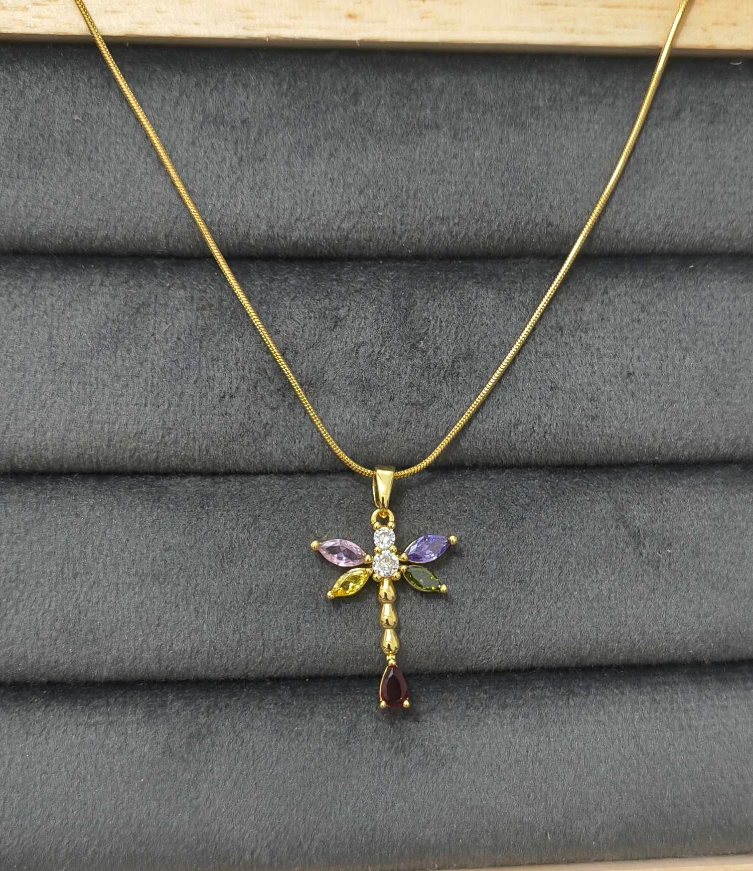 Anti Tarnish Necklace Dragonfly Pendant 18K Gold Plated