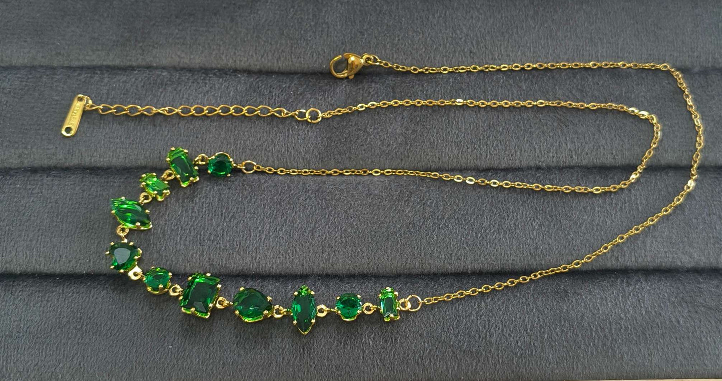Anti Tarnish Necklace Emerald Diamond Chain 18K Gold Plated