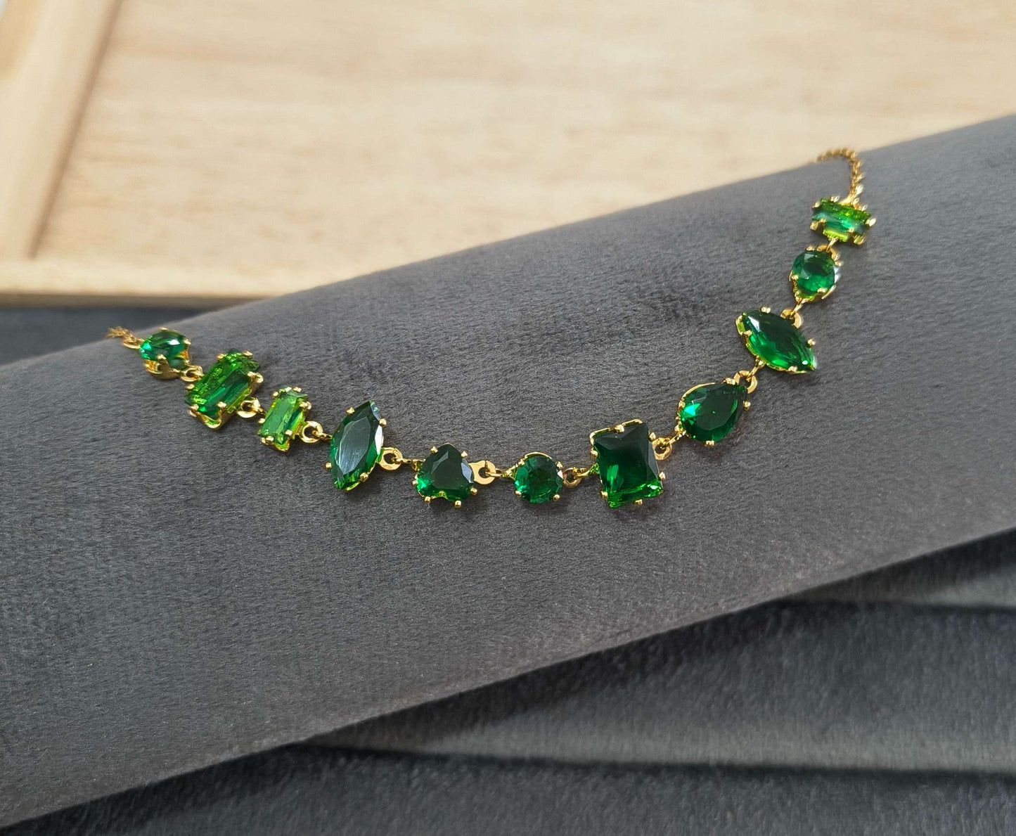 Anti Tarnish Necklace Emerald Diamond Chain 18K Gold Plated