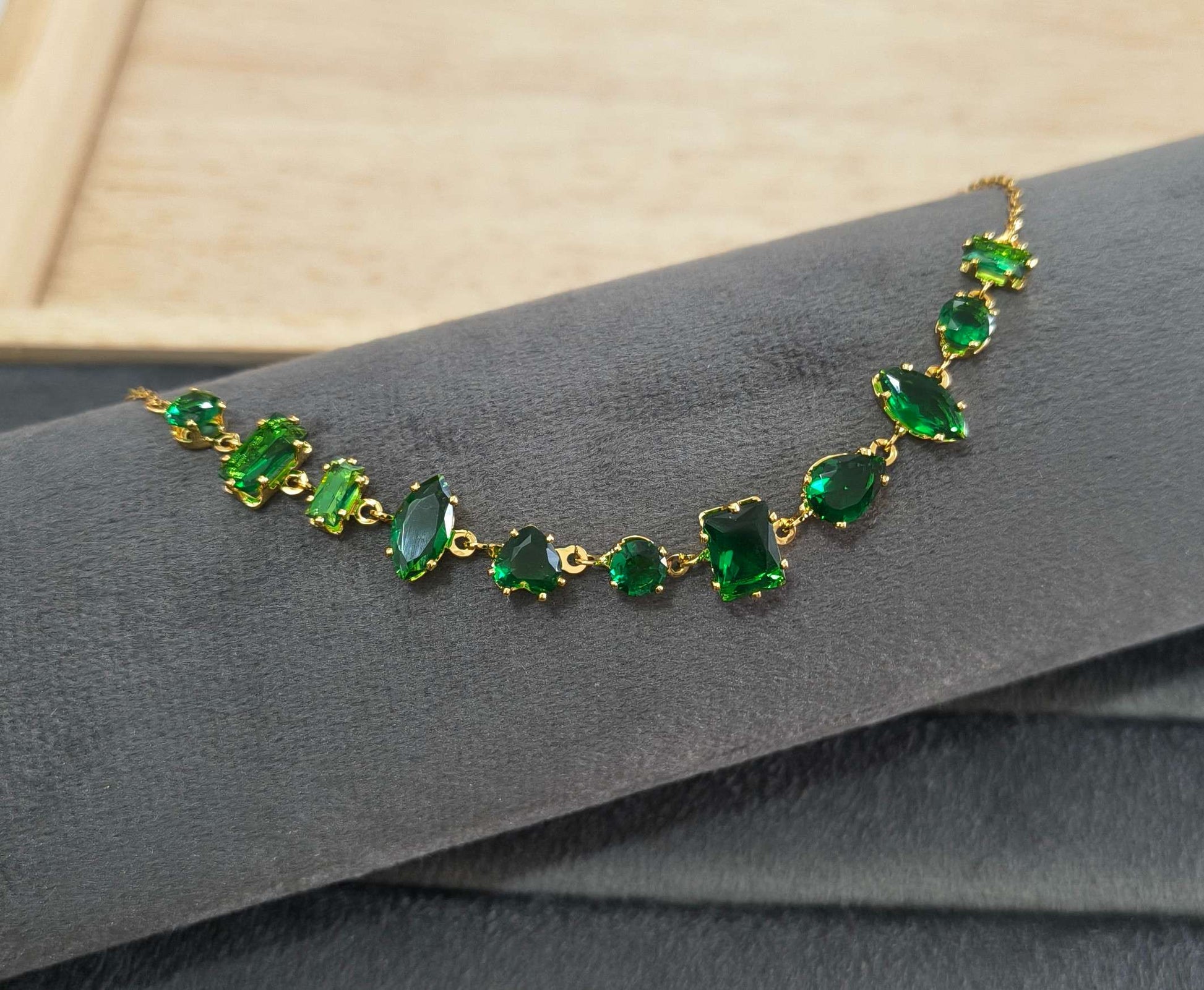 Anti Tarnish Necklace Emerald Diamond Chain 18K Gold Plated