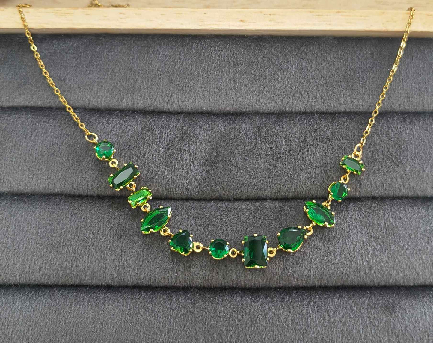 Anti Tarnish Necklace Emerald Diamond Chain 18K Gold Plated