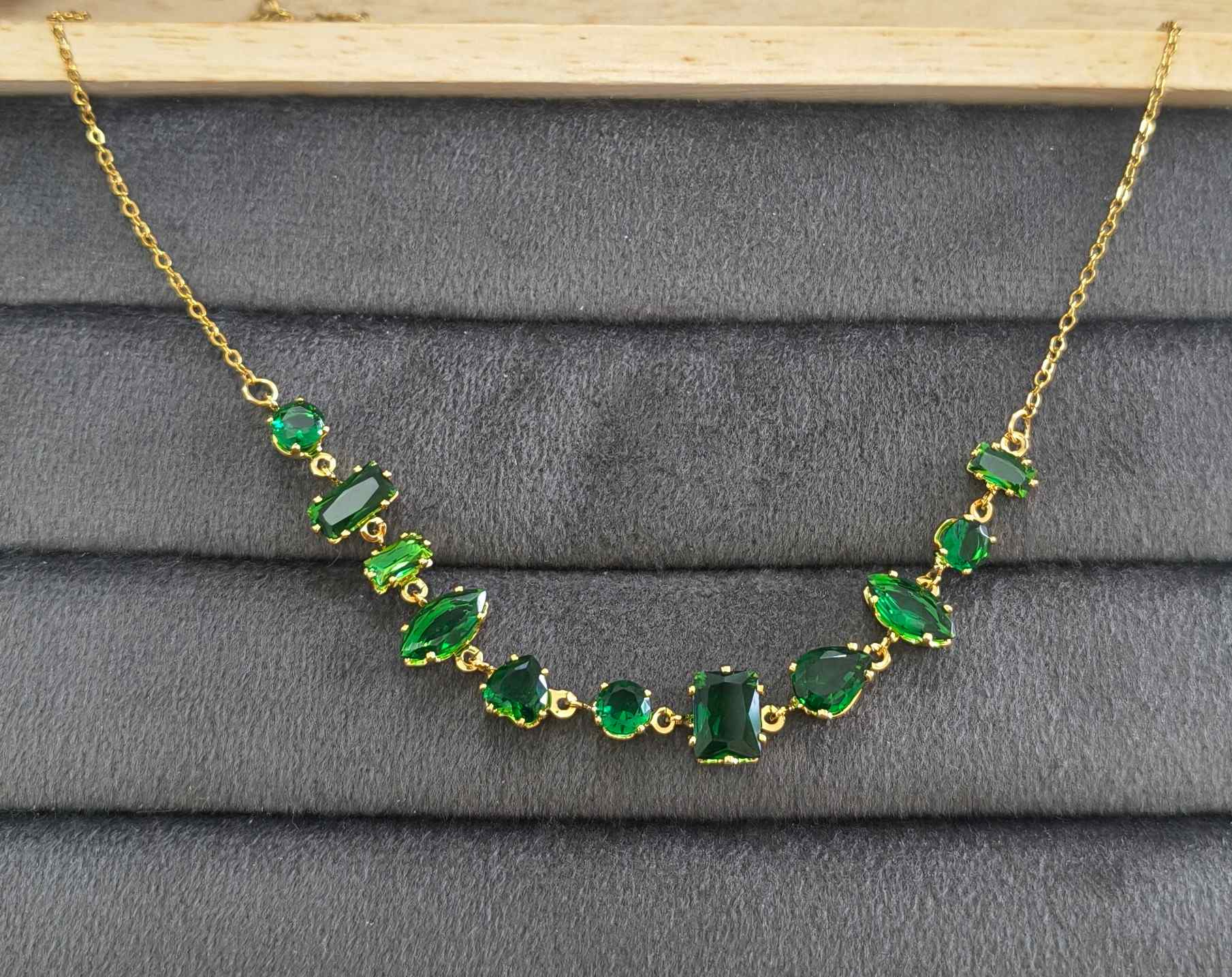 Anti Tarnish Necklace Emerald Diamond Chain 18K Gold Plated