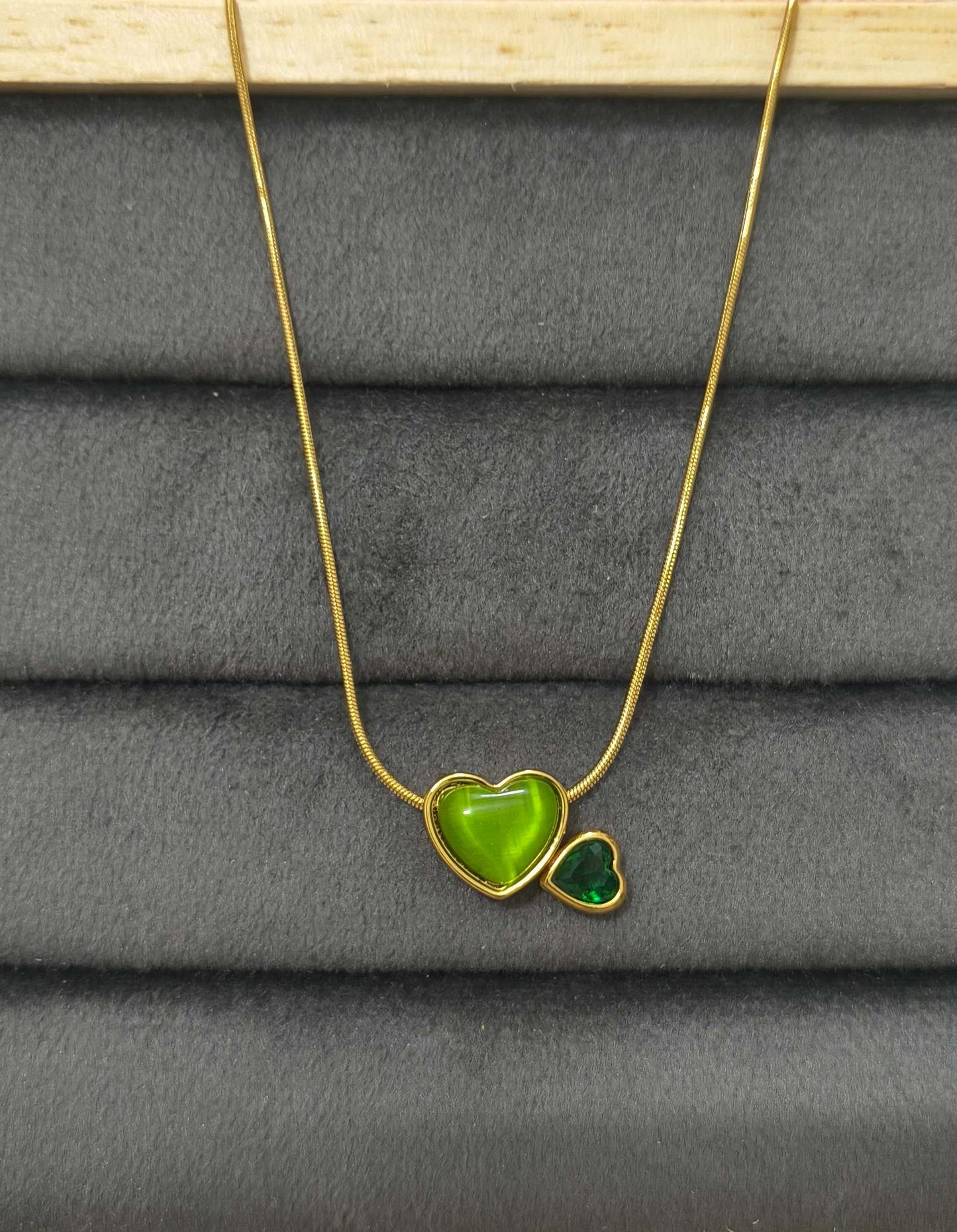 Anti Tarnish Necklace Emerald Double Hearts 18K Gold Plated