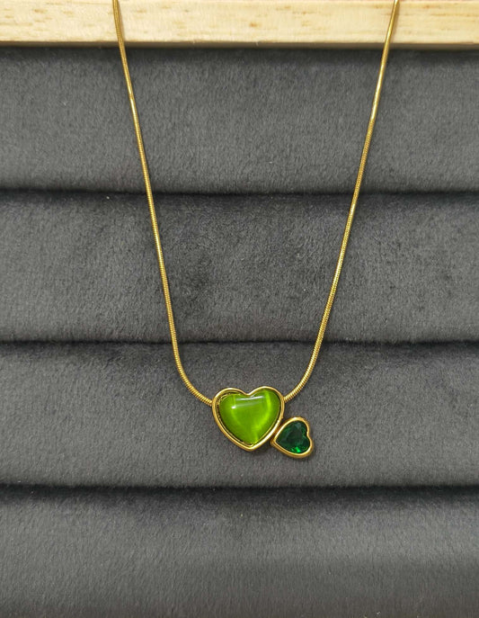 Anti Tarnish Necklace Emerald Double Hearts 18K Gold Plated