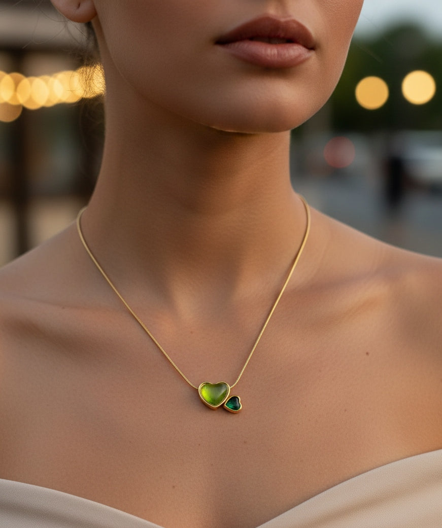 Anti Tarnish Necklace Emerald Double Hearts 18K Gold Plated