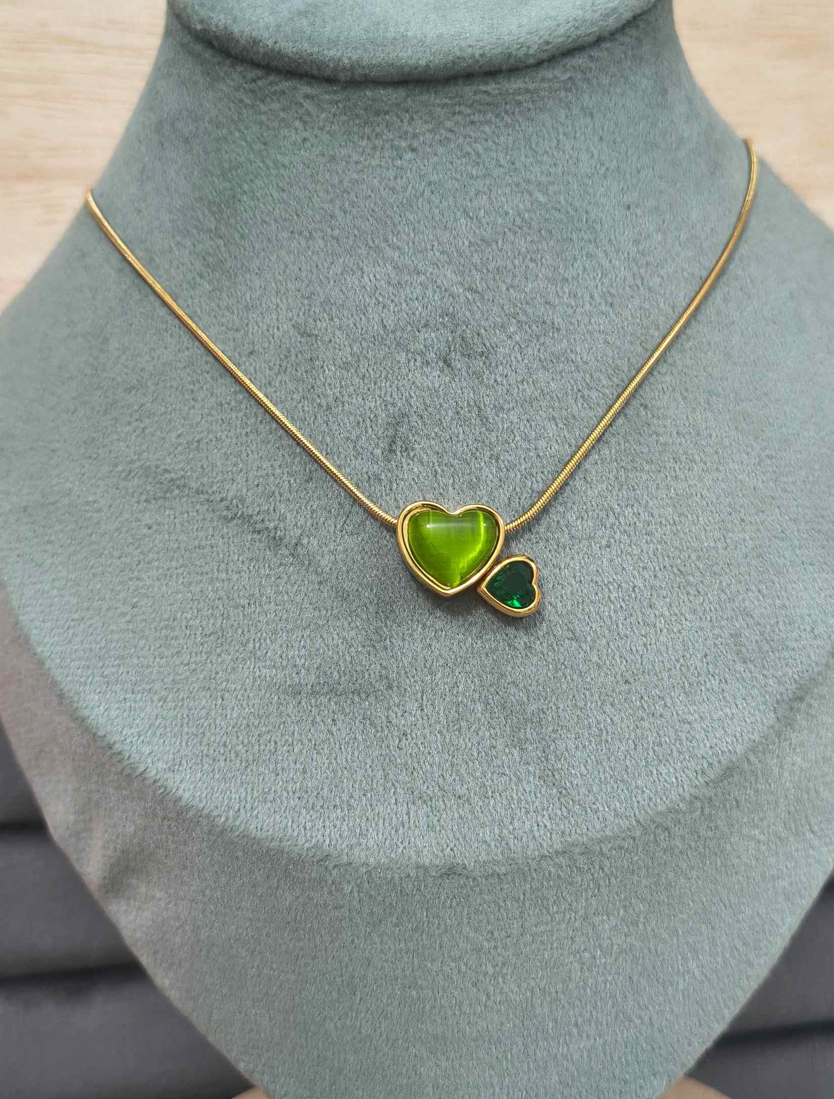 Anti Tarnish Necklace Emerald Double Hearts 18K Gold Plated