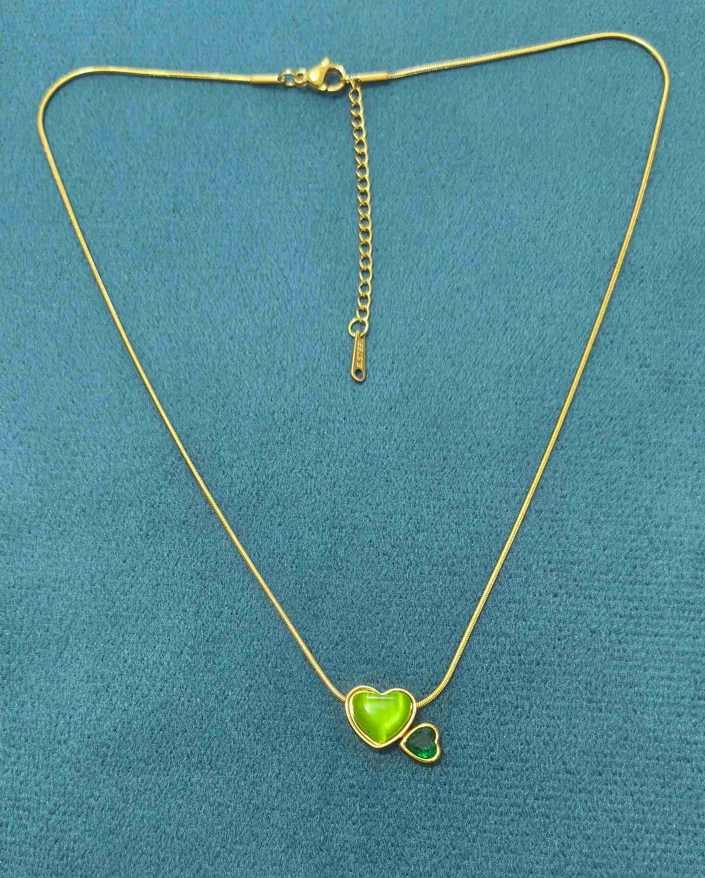 Anti Tarnish Necklace Emerald Double Hearts 18K Gold Plated
