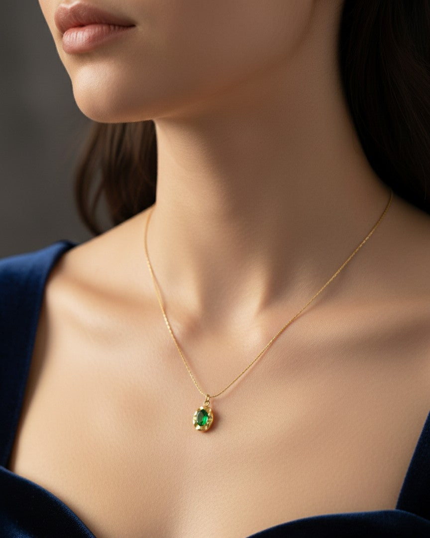 Anti Tarnish Necklace Emerald Green Pendant 18K Gold Plated