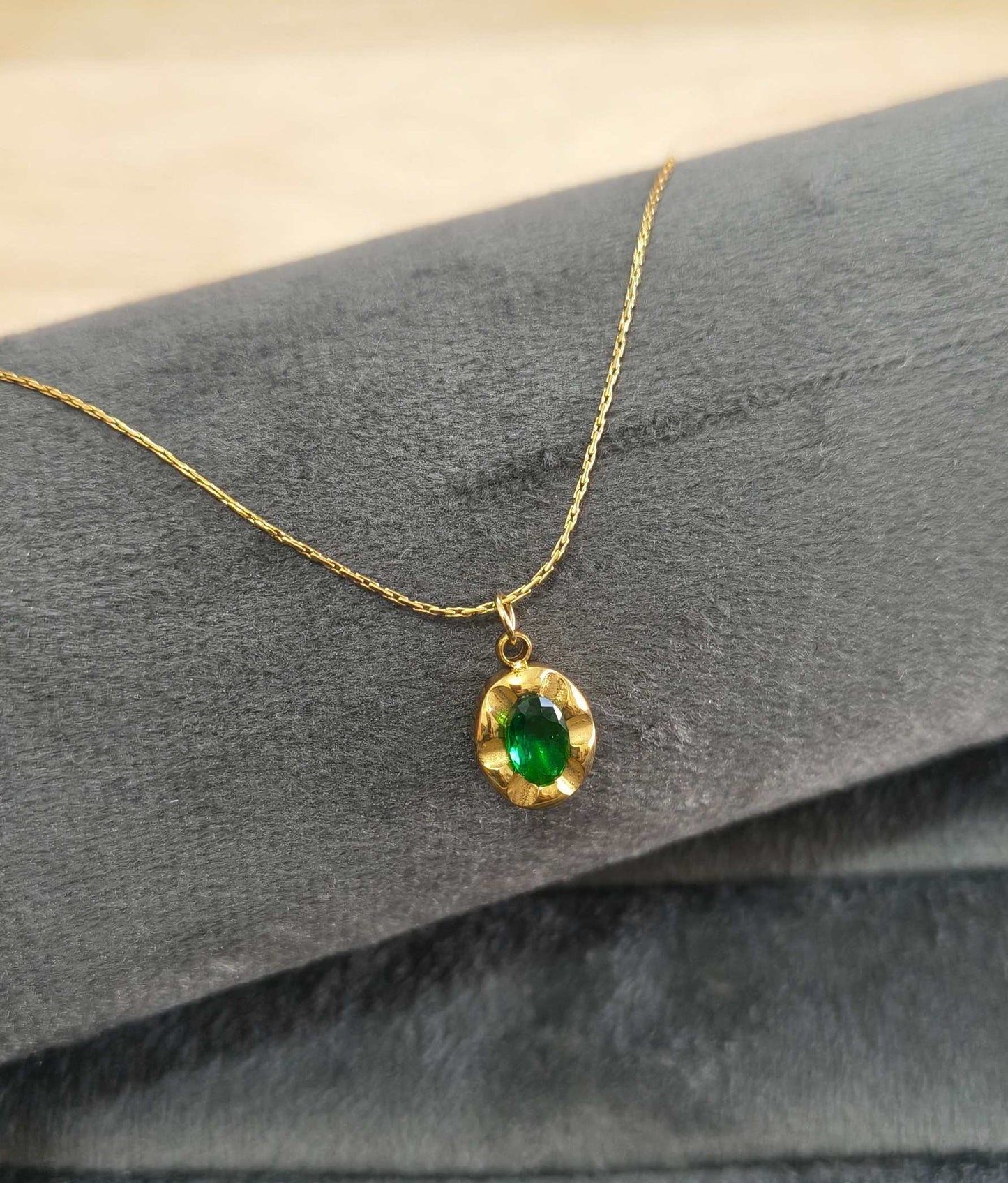 Anti Tarnish Necklace Emerald Green Pendant 18K Gold Plated