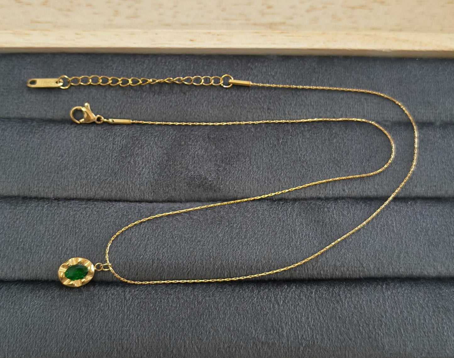 Anti Tarnish Necklace Emerald Green Pendant 18K Gold Plated