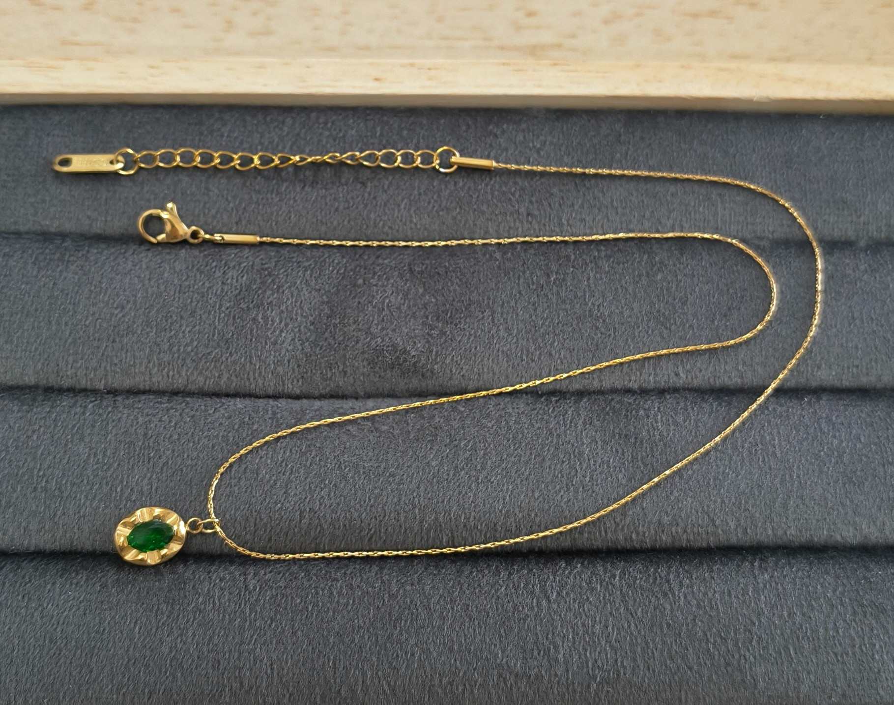 Anti Tarnish Necklace Emerald Green Pendant 18K Gold Plated