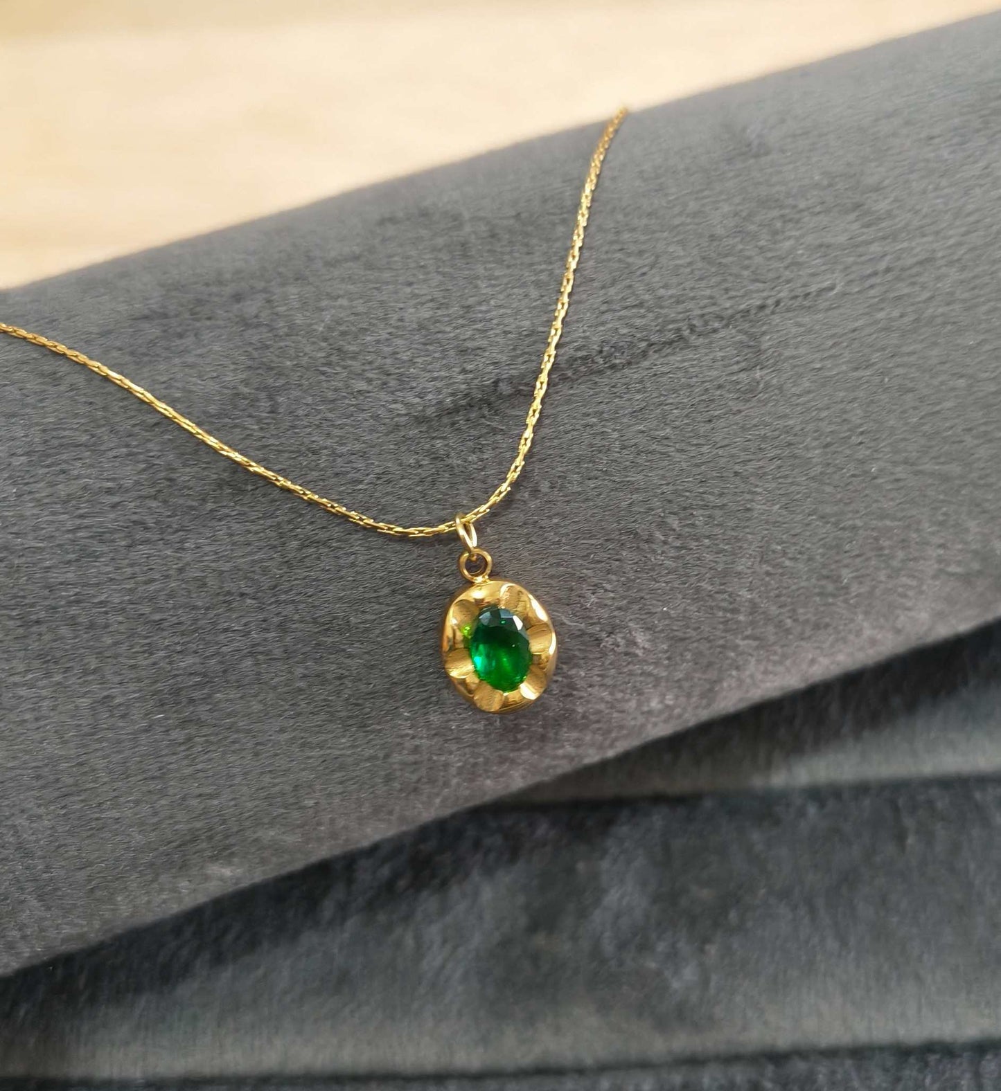 Anti Tarnish Necklace Emerald Green Pendant 18K Gold Plated